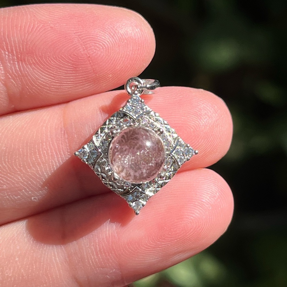 Sterling silver dainty dendritic quartz pendant with sparking zirconia 1255